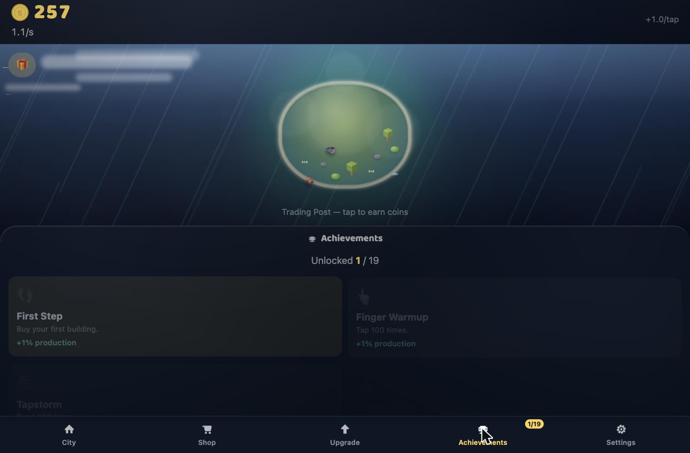 The achievements tab in Island Tycoon, listing milestones such as First Step and Finger Warmup