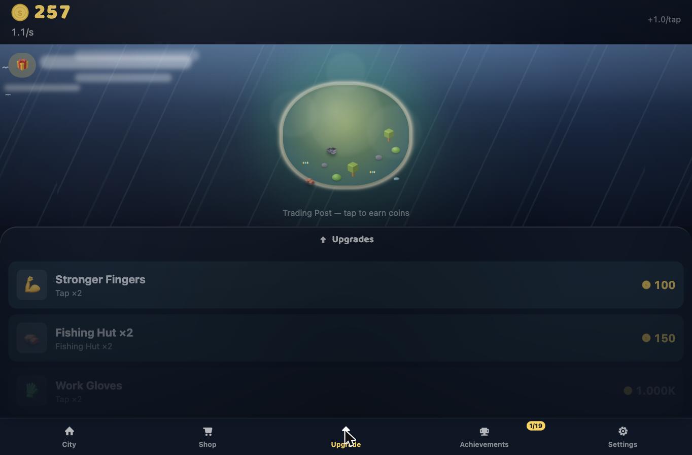 The upgrades tab in Island Tycoon, showing the Stronger Fingers, Fishing Hut ×2 and Work Gloves multiplier upgrades
